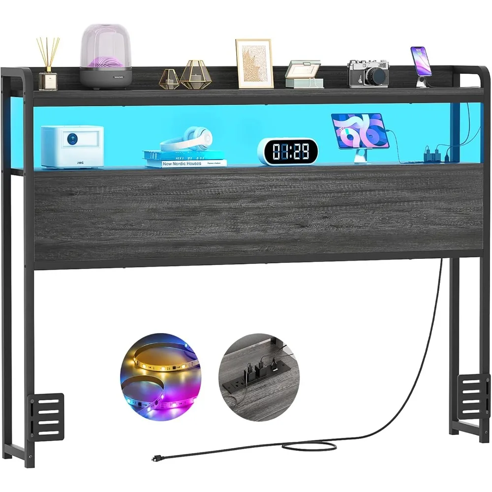 

Headboard for Full Size Bed Frame, Headboards with Outlets, USB Ports and LED Light, Head Board with Storage, Height Ad