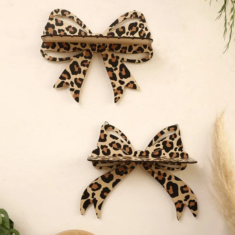 1pc Wooden Wall Shelf Leopard Print Bow Crystal Mounted Holder Simple Home Bedroom Homestay Interior Art Decor Light Luxury