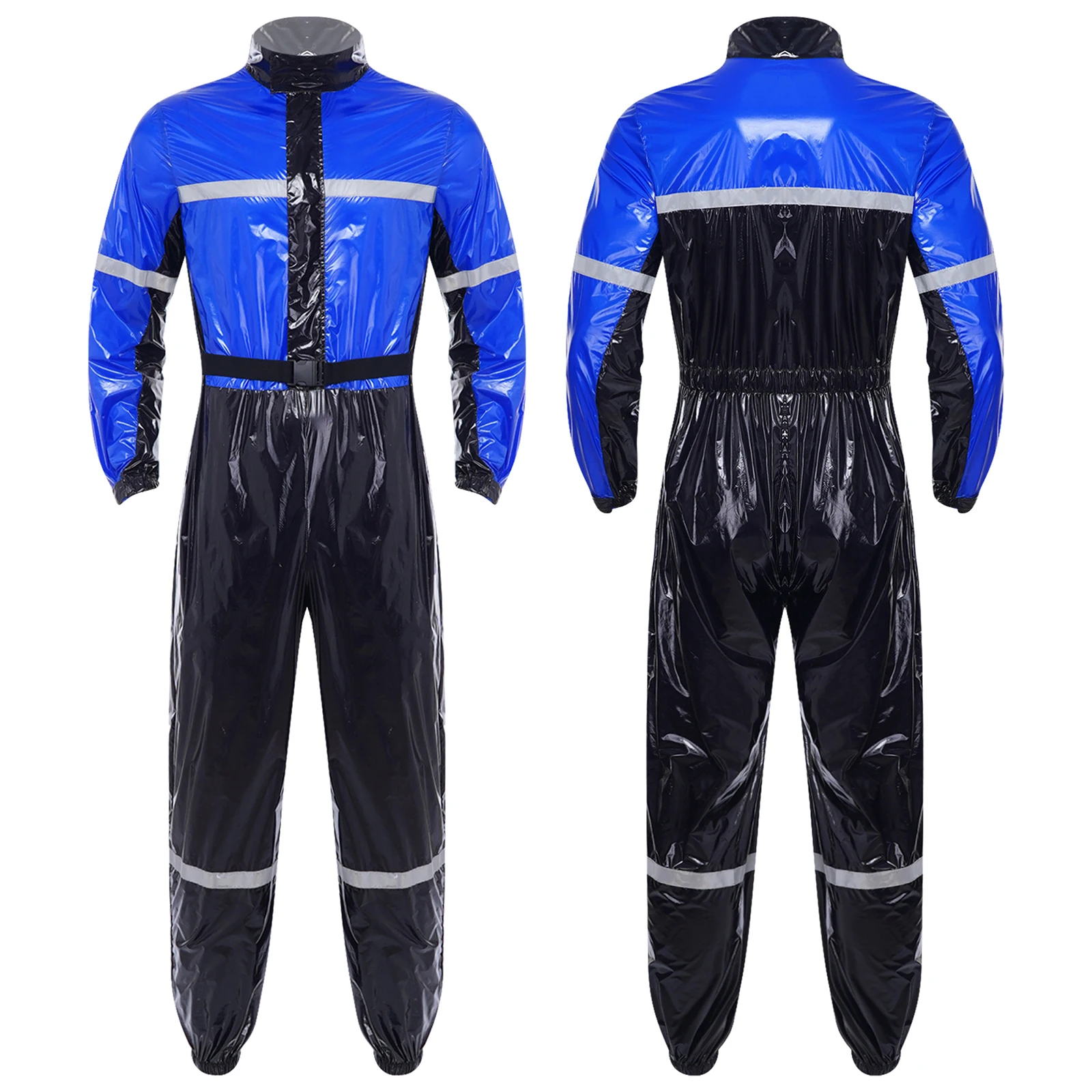 

Men Reflectivestrips Water Resistant Coveralls Rompers Workerwear Glossy Stand Collar Long Sleeves Zipper Working Jumpsuit