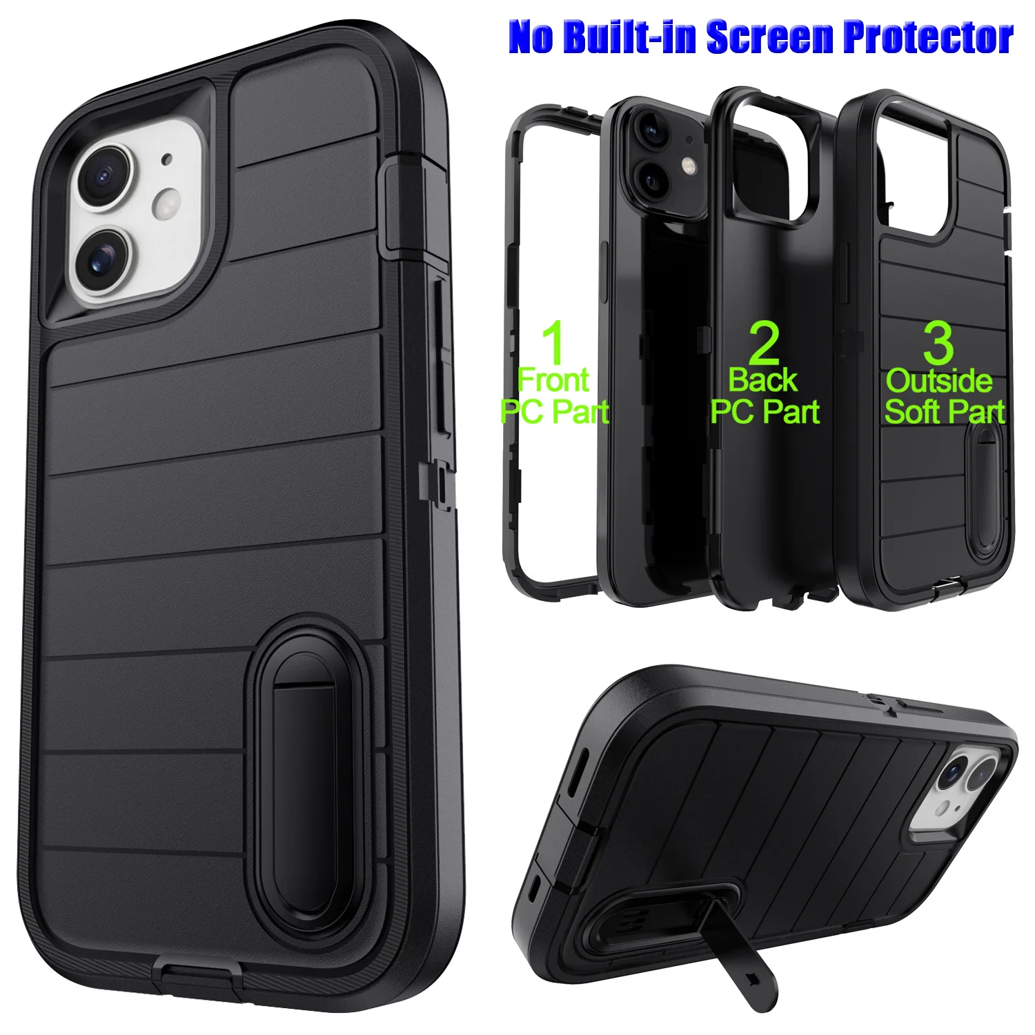 For iPhone 11 12 13 14 15 16 Plus Pro Max Case Heavy Duty Shockproof Hybrid Rugged Kickstand Cover Black