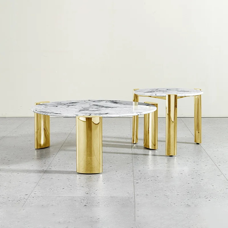 طاولة قهوة رخامية فاخرة وخفيفة الوزن، مجموعة مستديرة لغرفة المعيشة المنزلية، شقة صغيرة، طاولة حديثة بحافة من الفولاذ المقاوم للصدأ #5