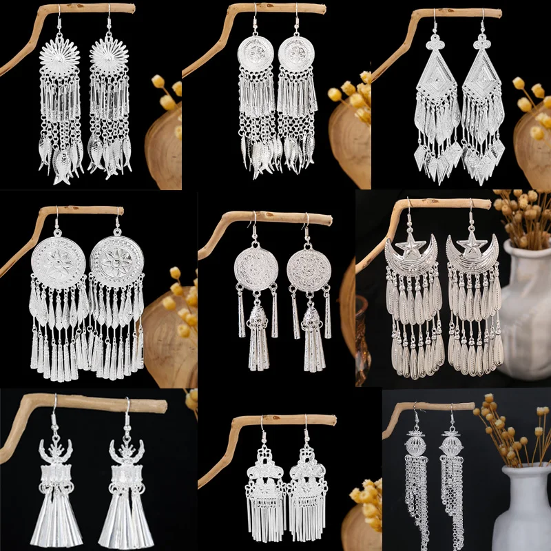 

Imitation Miao Silver Ethnic Minority Style Tourist Attractions Earrings Long Leaf Tassel Fashion Hair Accessories party