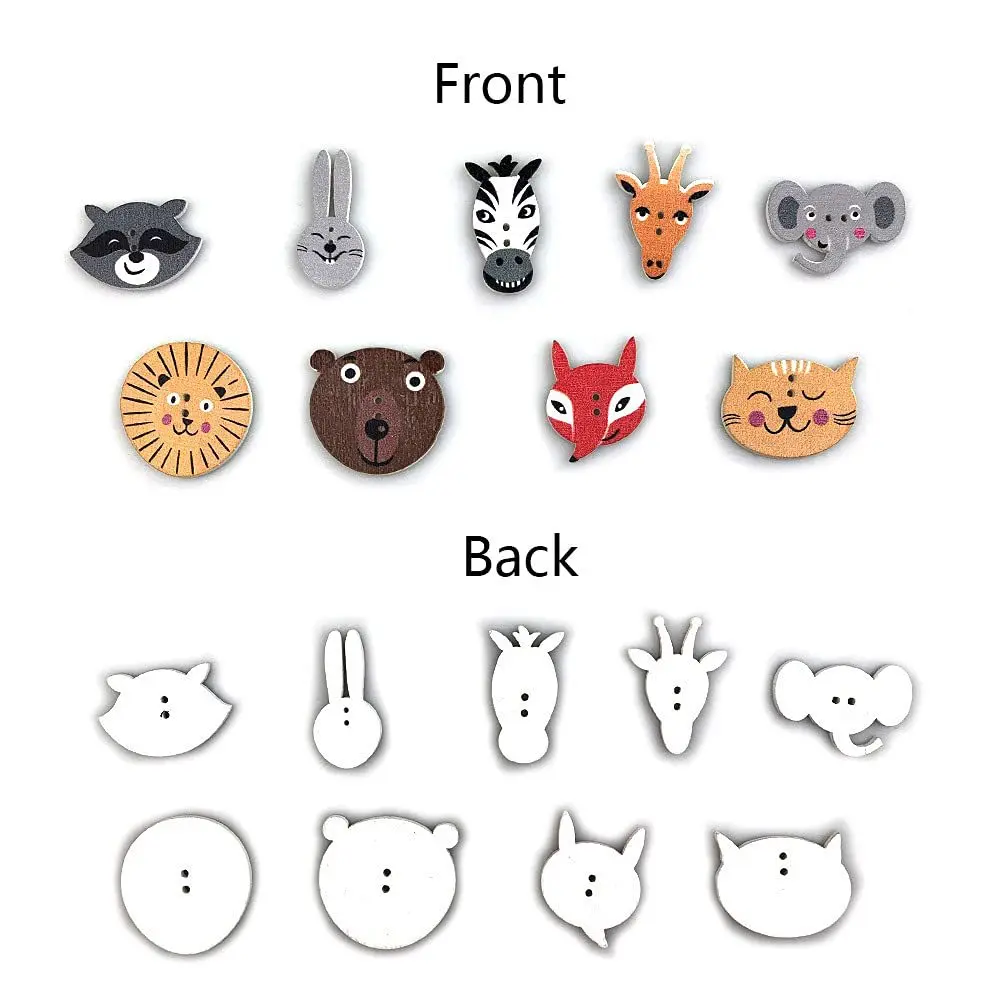 Bottoni in legno misti con testa di animale per bambini su sfondo bianco, confezione da 50 bottoni decorativi con bottoni per animali dei cartoni animati