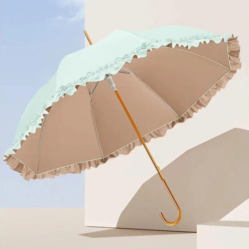 Coated Long Handle Sun Umbrella UV Protection Parasol with Lace Trim Good-looking Rain Sun Umbrella Lightweight Travel Parasol