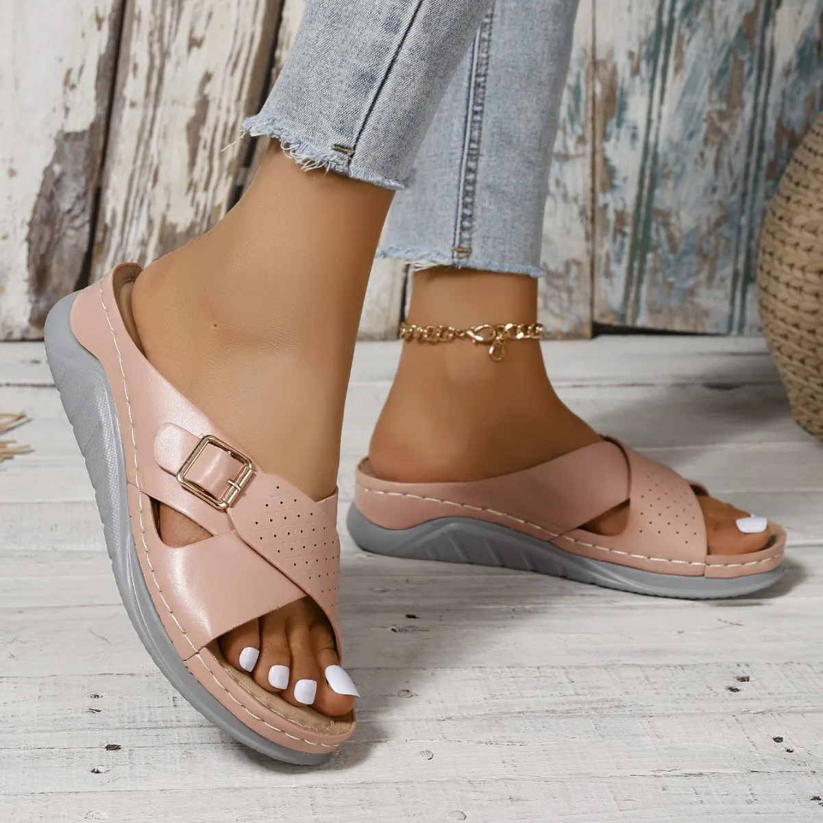 2024 Women's Wedge Sandals Summer New Solid Color Cross Strap Beach Sandals Outdoor Anti-slip Casual Female Platform Slippers