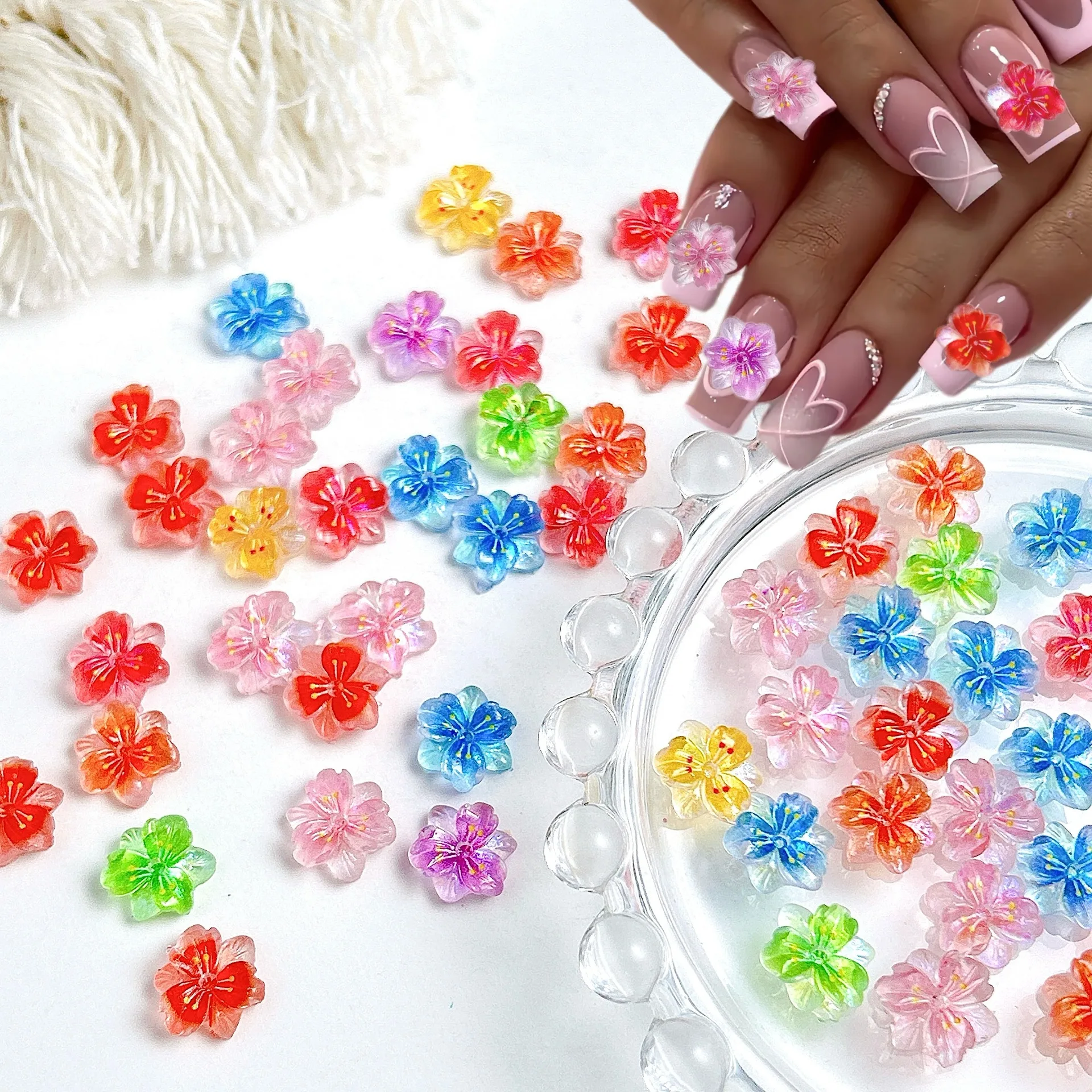 50/100Pcs Ice Transparent Gradient 3D Sakura Nail Charms 1*1cm Colorful 5 Petal Resin Flower Nail Decorat DIY Nails Accessories