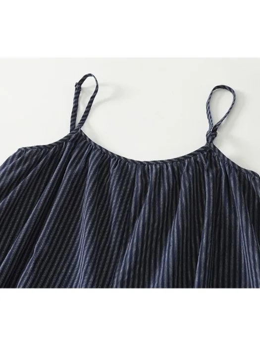 กางเกงเอี๊ยมผู้หญิงลายทางสีน้ำเงินสไตล์เกาหลีทรงหลวมขาบานเอวสูงแบบลำลองความยาวเก้าส่วน