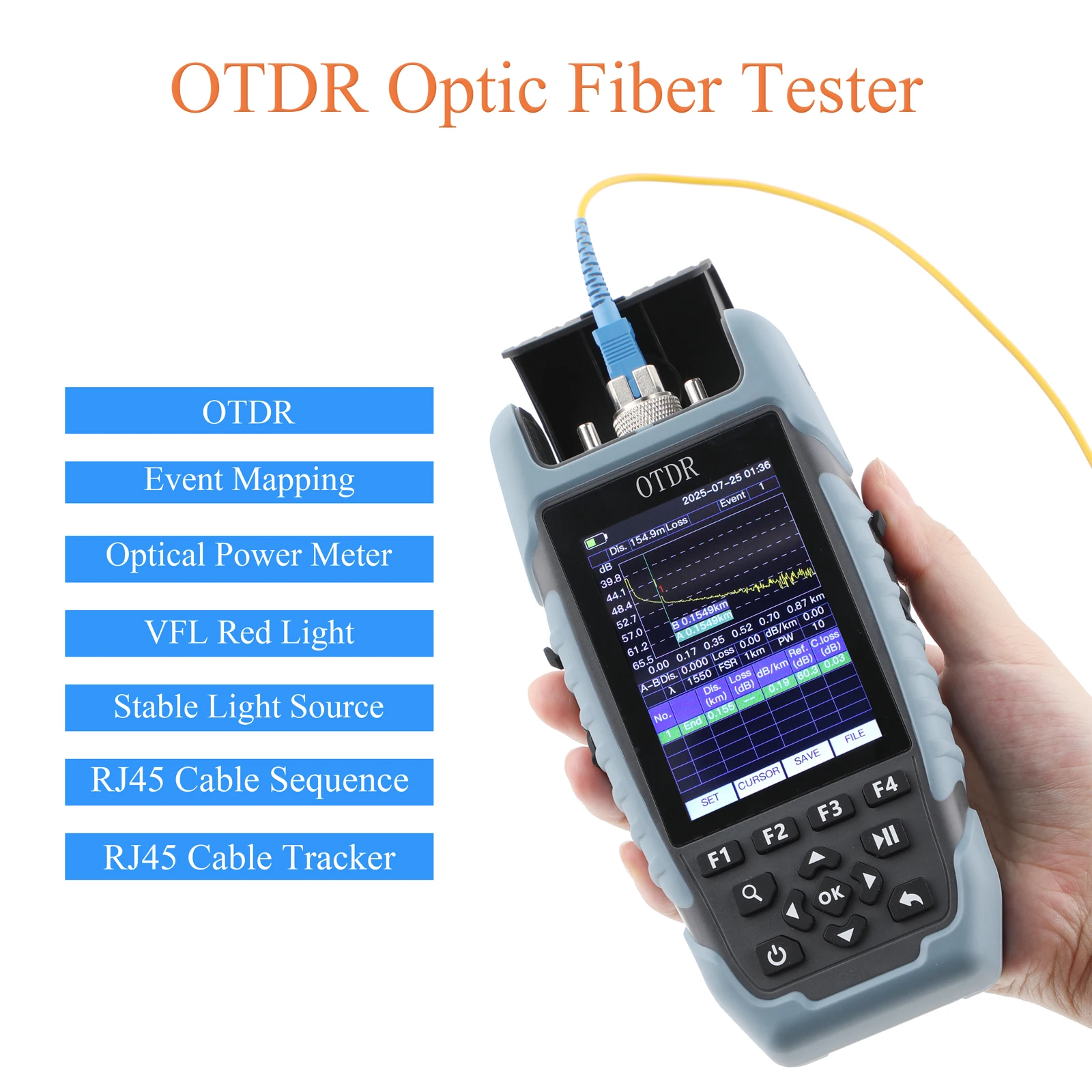 Multifunction OTDR  fiber tester 1310/1550nm FC/SC Connector, 24/22dB Dynamic Range, 3M-64km, Built-in OPM VFL OLS RJ45