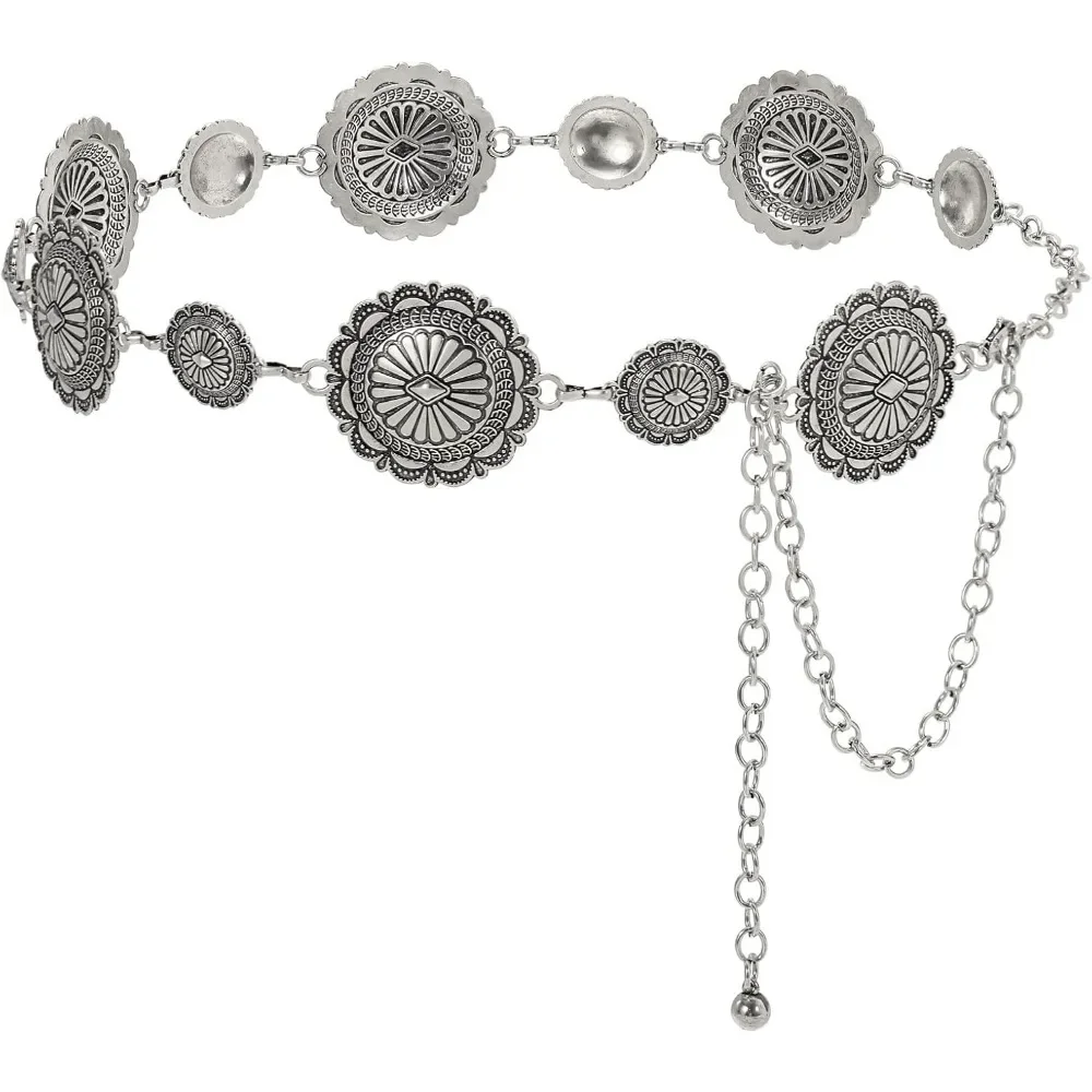 Western Round Metal Concho Belt for Women Vintage Cowgirl Boho Turquoise Chain Belts for Dresses Jeans Retro Gold and Silver