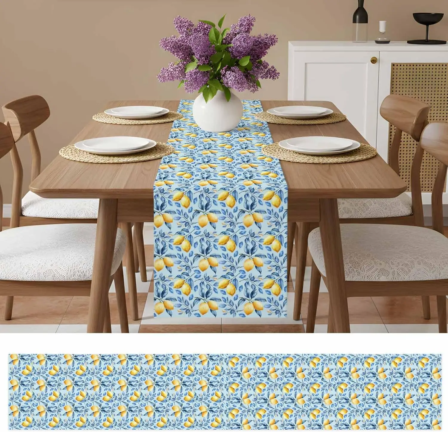 Summer Idyllic Lemon Blue Linen Table Runner Home Decorations Watercolor Flowers Leaves Kitchen Dining Table Runners Party Decor