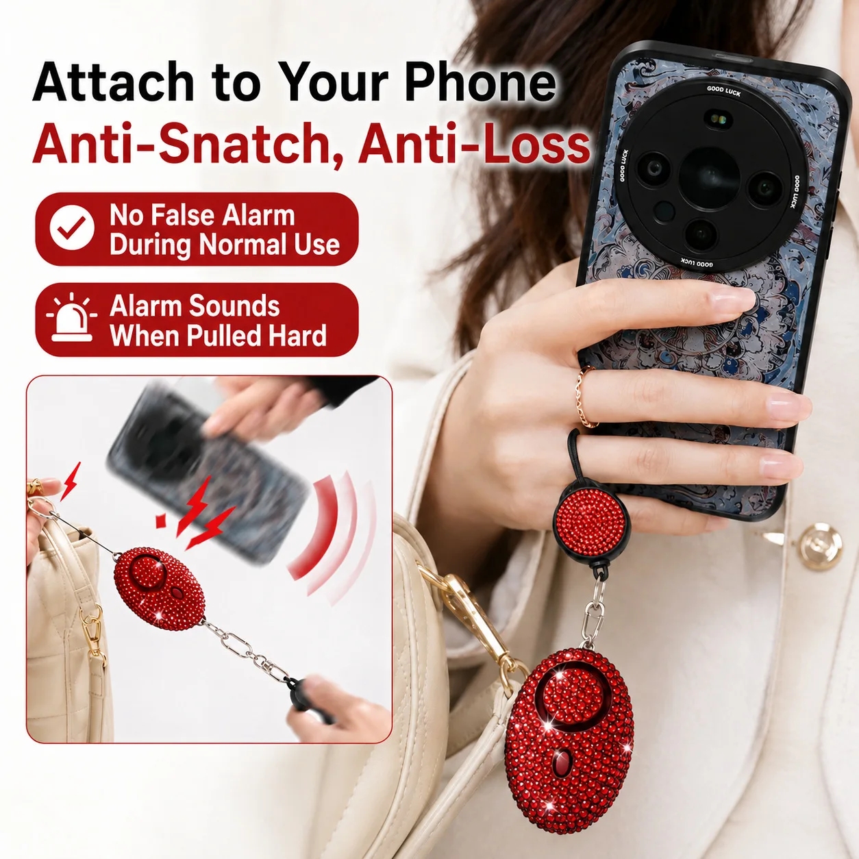 Portable Diamond-encrusted Telescopic Anti-lost and Anti-theft Alarm Keychain Gift Pendant