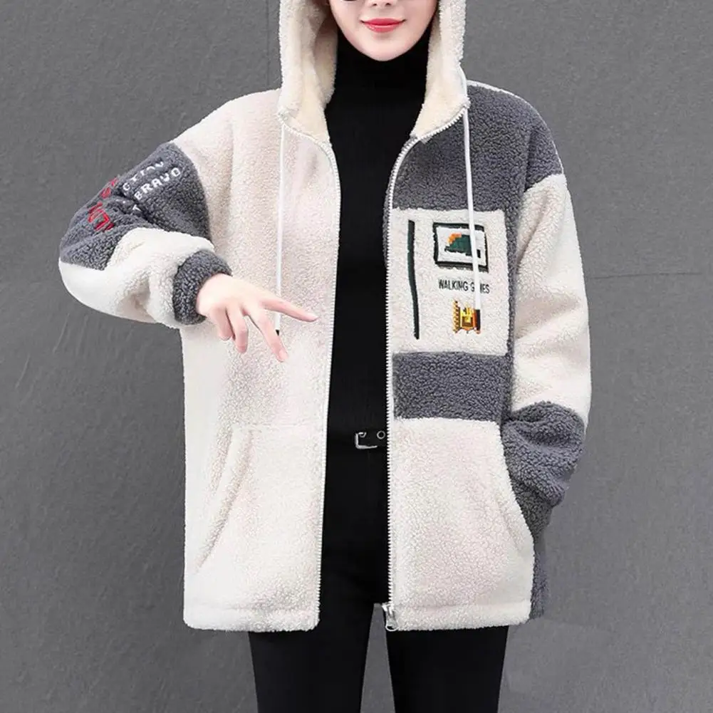 Women Autumn Winter Jacket Hooded Colorblock Thick Plush Long Sleeve Letter Embroidery Soft Cozy Cardigan Women Mid Length Coat