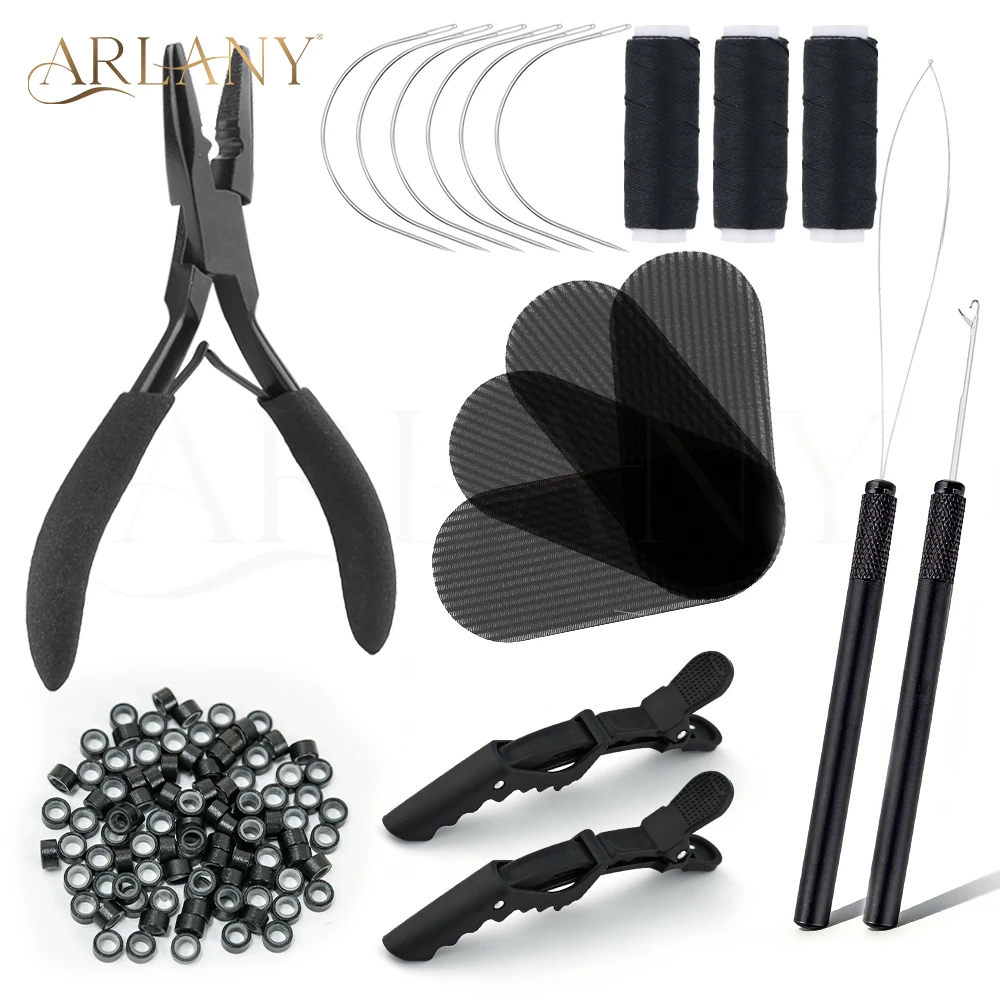 ARLANY Hair Extension Pliers Kit Hair Loop Pulling Hook Threader Bead Device Tool 500Pcs Hair Extension Beads Cotton Thread
