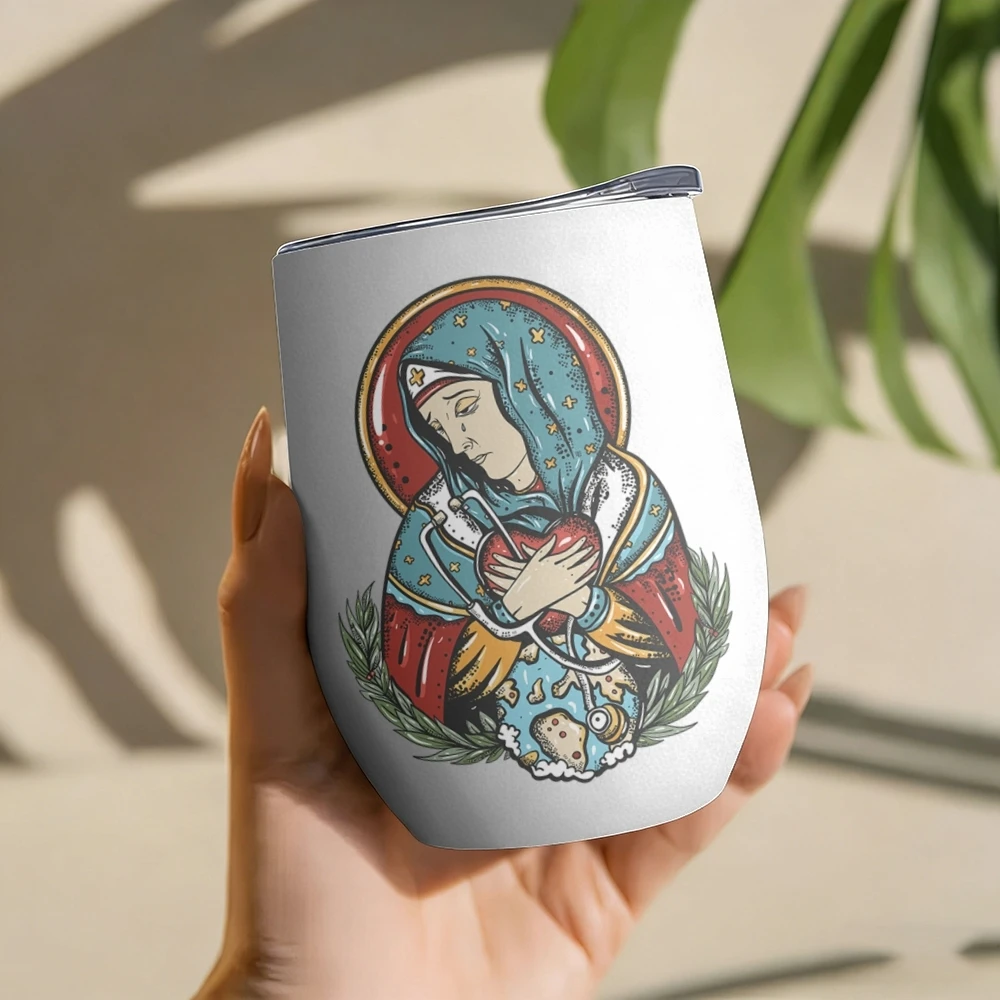 Blessed Virgin Mary Mother of Jesus Vacuum Flasks 12oz Insulated Wine Tumbler Vacuum Coffee Mug Egg Shape Thermos Cup
