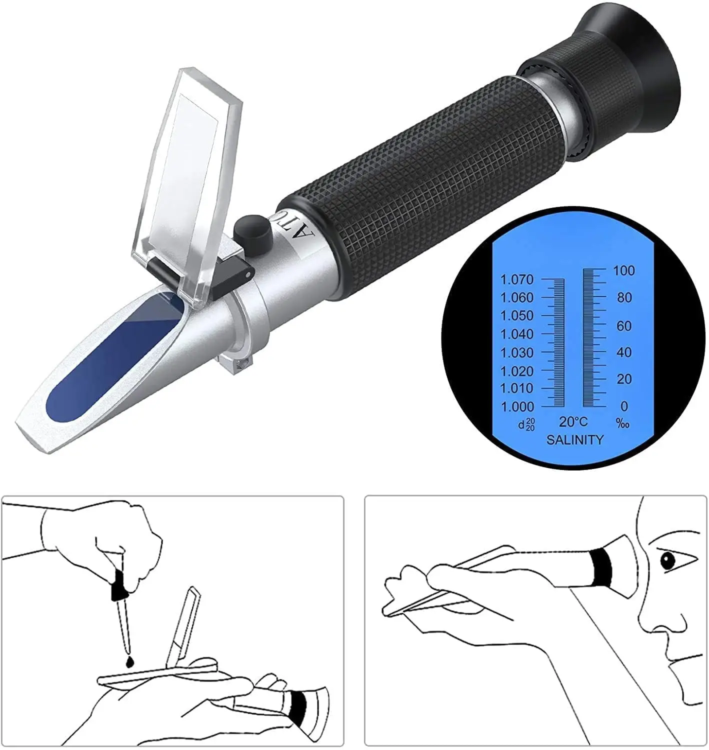 Salinity Refractometer Salt Water Tester Hydrometer 0-100ppt & 1.000-1.070 Specific Gravity ATC Refractometer for Aquarium Tank