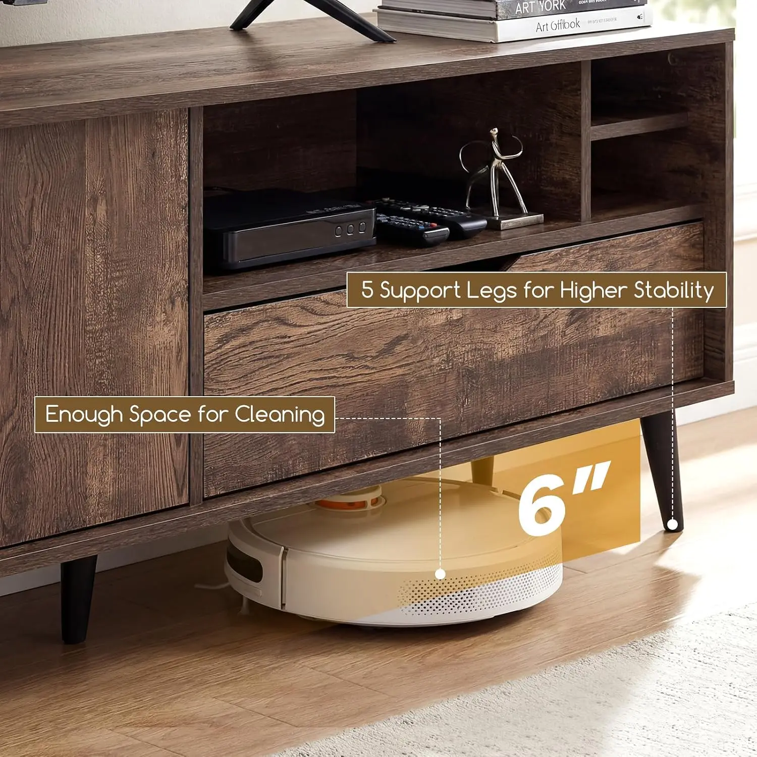 Rustic Wooden TV Stand 65 Inch, Storage Cabinet & Drawer & 3 Shelves, 5 Feet, Living Room Bedroom, Customized