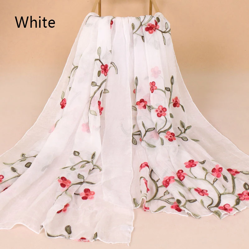 Fashion Chiffon Embroidered Flower Pattern Silk Scarves Elegant Women's Scarf Shawl Travel Beach Long Shawl Accessories 180x75cm