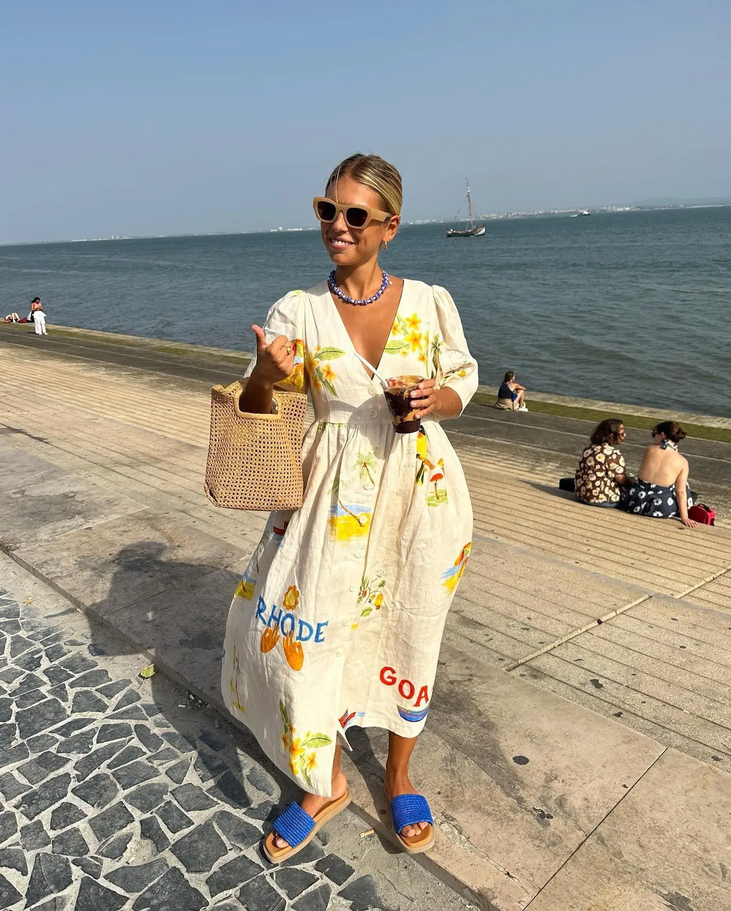 Elegant Printed Dress Women V Neck Puff Sleeve Loose Midi Female Dresses 2024 Summer Holidays Casual Lady Beach A-Line Vestidos