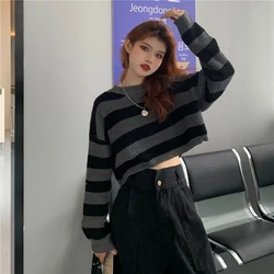 Y2K Striped Women Crop Sweater Korean Sweet Loose Knitted Female Casual Jumpers Vintage New O Neck Ladies Pullovers Tops