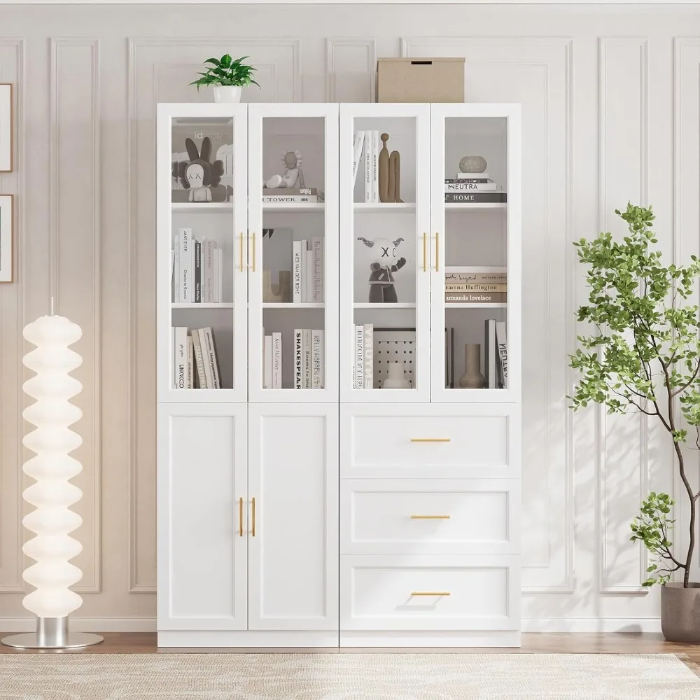 

Bookcase with Glass Doors & Drawers, 5 Tier Bookshelf with Adjustable Shelf, Modern Large Storage Display Cabinet Set for