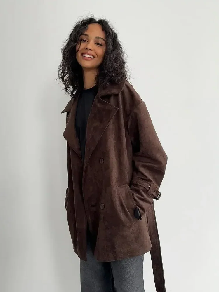 

Lapel V Neck Suede Jackets Women Chic Lace Up Double Breasted Loose Fit Short Coat Fashion Oversized Blazer Street 2025 Outwears