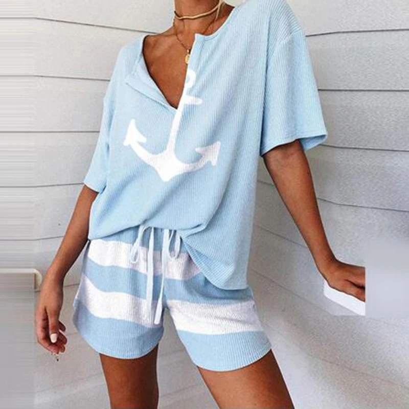 Summer 2Pcs Women Tracksuit Boat Anchor Print Shirt Shorts Set Spring Elegant V Neck Pullover Ladies Sportswear Suits Pocket hot