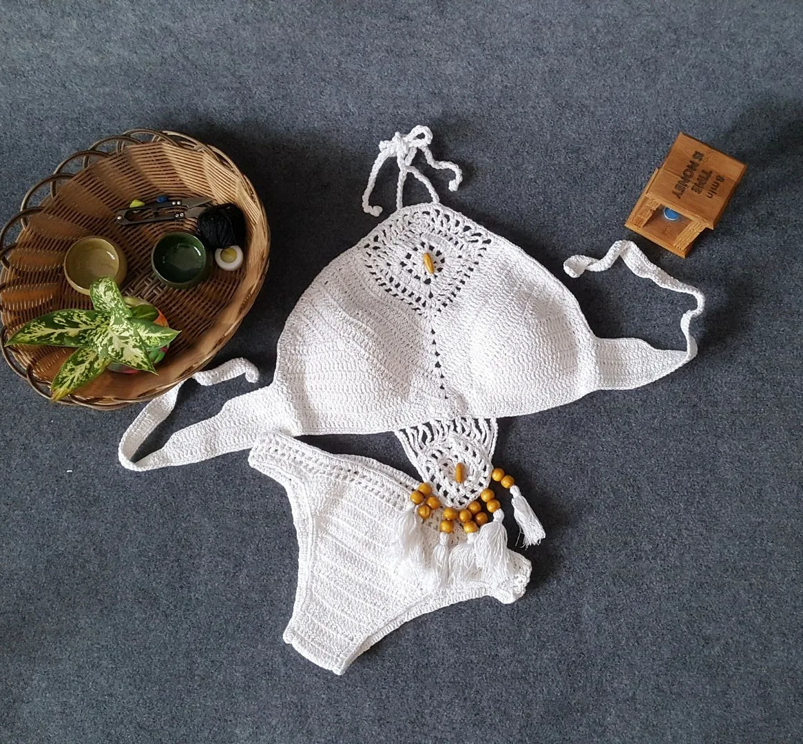 New Hand-crochet Summer Creative Bat-type nappa Beaded Beach Casual Sun Bath Bikini da donna costume da bagno separato