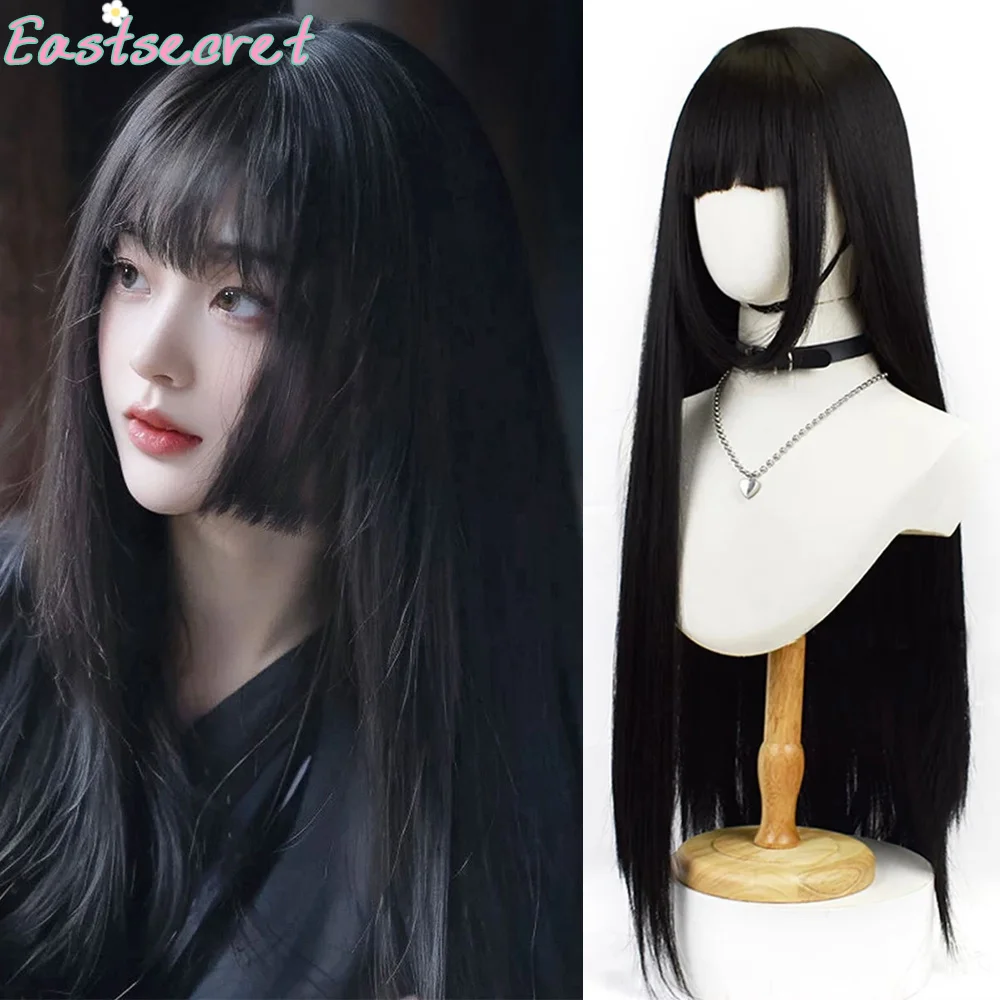 

Natural Long Straight Synthetic Black Wig With Bangs Lolita Cosplay Hair Wigs For Women Heat Resistant Fiber Daily Party Wig Fem