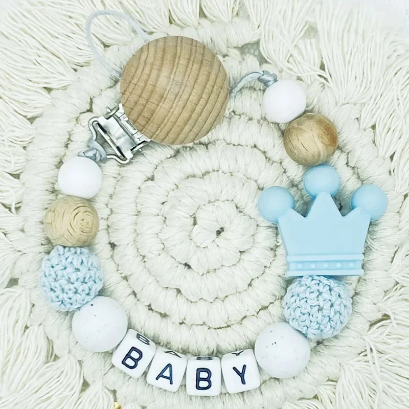 

2025 Baby Personalized Name Handmade Silicone Wooden Dummy Pacifier Clip Safe Teething Chain Teether Pacifier Chain Holder Chain