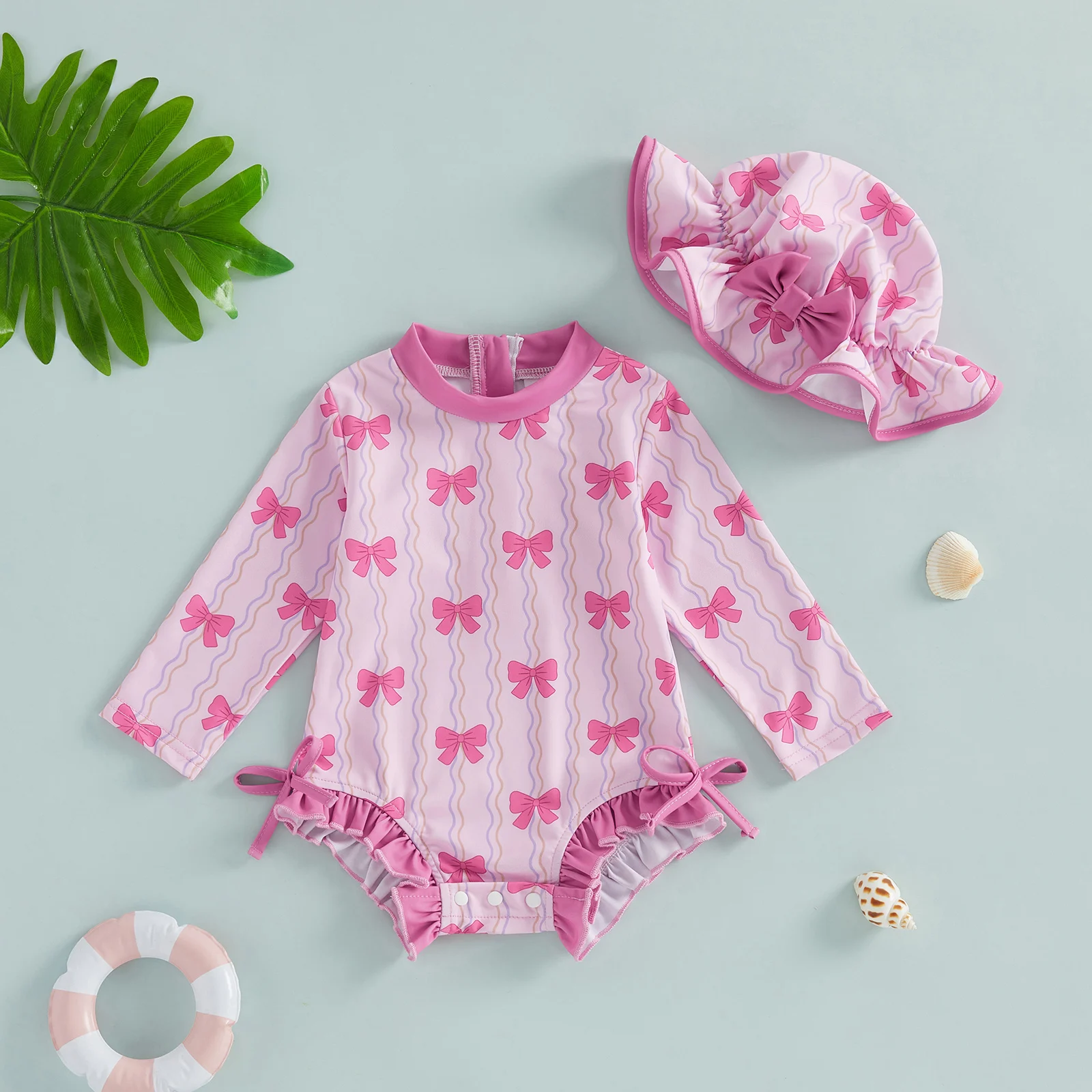 Tregren 3-24M Infant Baby Girls Long Sleeve Rash Guard Swimsuit,Bow Print Swimwear with Hat 2pcs Set Summer Beach Bathing Suit