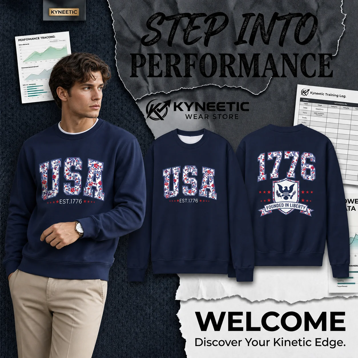 USA 1776 Floral Letter Print Parent-Child Long Sleeve Crewneck Sweatshirt Casual Independence Day 4th of July Tops Streetwear