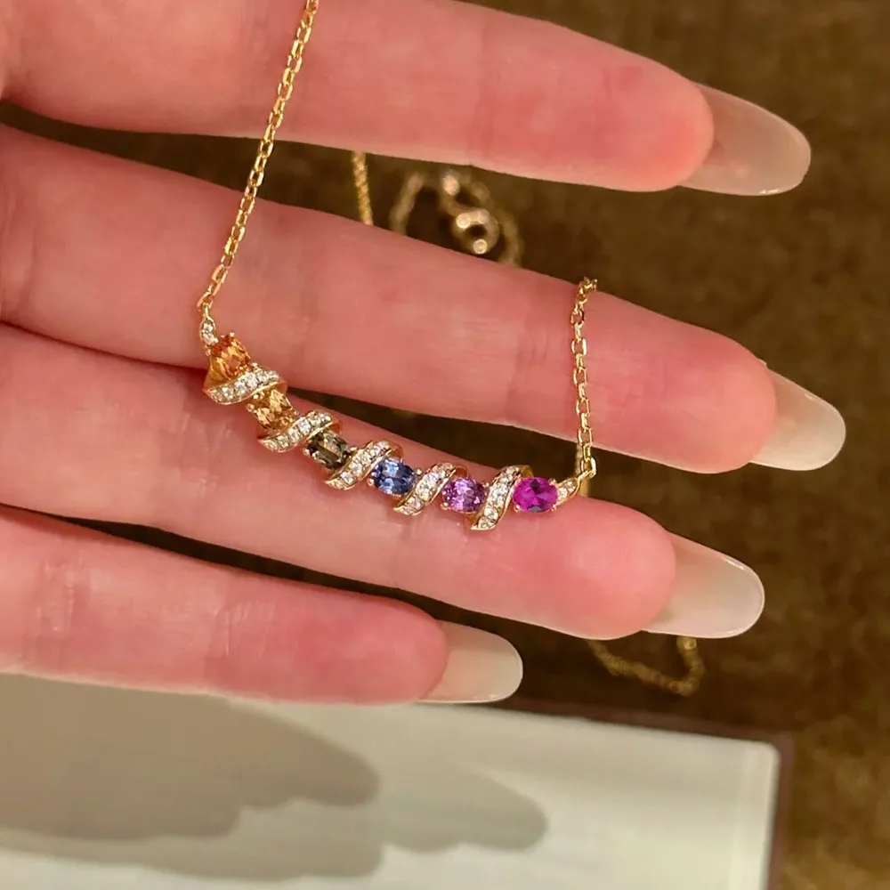 Summer Fashion Rainbow Smile 925 Sterling Silver Gold Tone Twisted Bar Design Colored Zircon Pendant Necklace for Women Jewelry