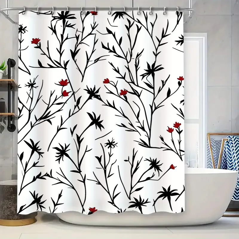 

Современная занавеска для душа, черный, красный цветочный дизайн, полиэстер, декоративные водонепроницаемые душевые панели для ванной комнаты, размер 6