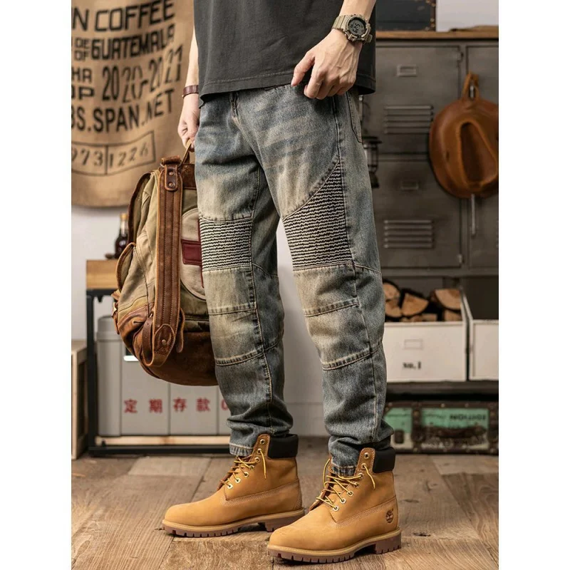 Men jeans trendy motorcycle pleats three-dimensional cutting casual retro versatile nostalgic straight loose biker denim pants