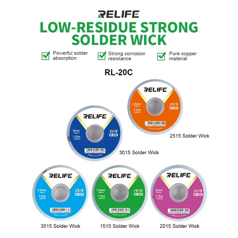 

RELIFE RL-20C Solder Wick 1505/2015/2515/3015/3515 Pure Copper Material for Cleaning PCB Boards and Similar Soldering Work