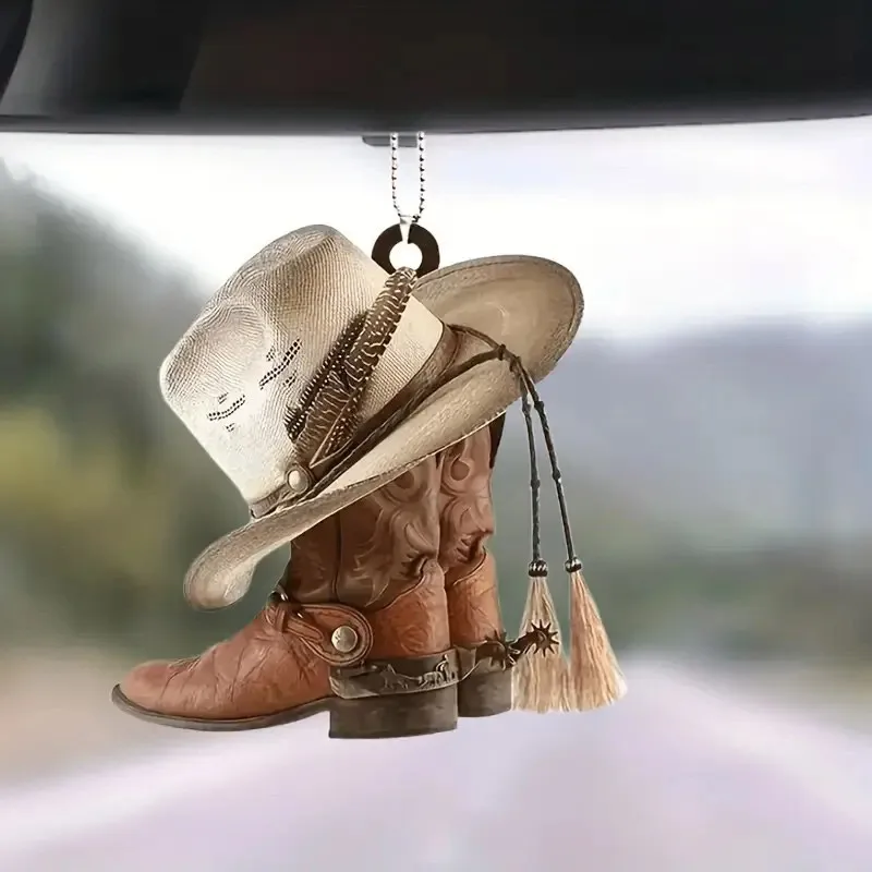 Acrylic Cowboy Hanging Ornament Auto Rearview Mirror Cowboy Flat Car Pendant Boots and Hat Car Pendant Flat Boys Gift