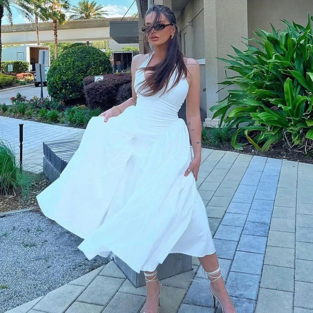 

Sexy Solid Color Maxi Dress Sleeveless Neck Hanging Camisole Dress V-neck High Waisted Halter Dress Outdoor