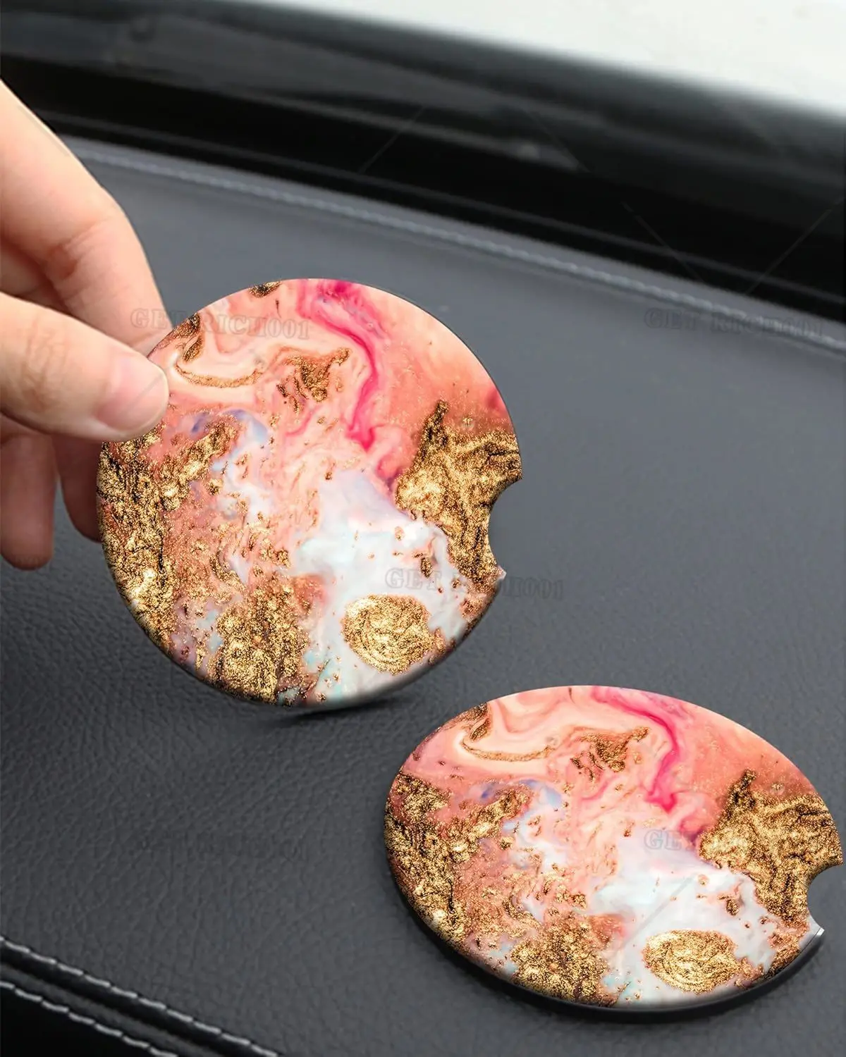 2 Pack Pink Golden Marble Ceramic Car Coasters 2.56 In Car Cup Holder Coaster for Women Cute Auto Accessories with Finger Notch