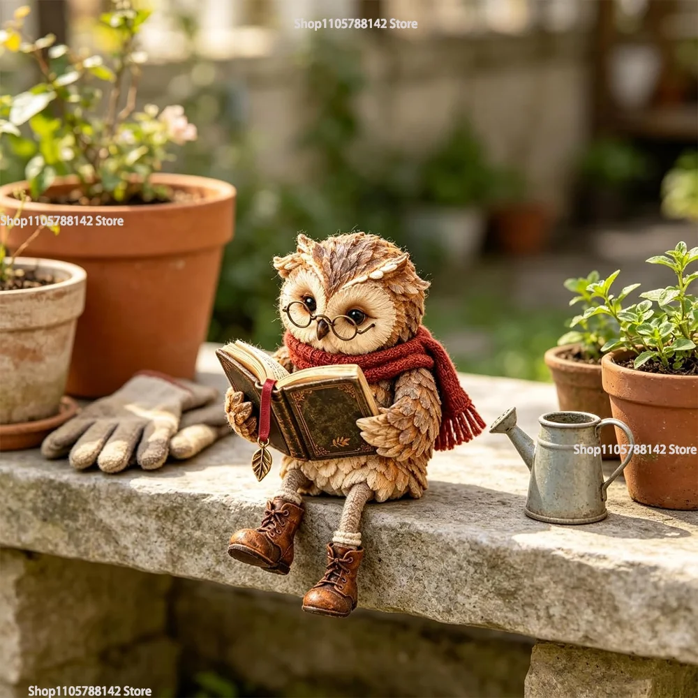 Vintage Reading Owl Figurine with Book Round Glasses Rustic Shelf Whimsical Dangle Legs Resin Ornament Shelf Sitter Home Decor