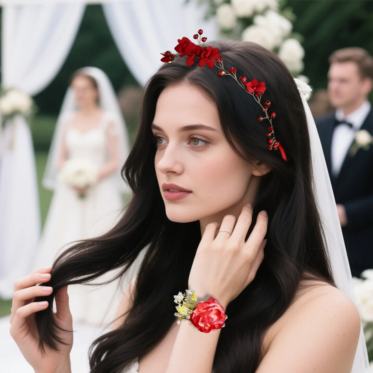 

2 шт./компл. модный красный роскошный венок, ободок для волос и жемчужный браслет на запястье с цветком, свадебные украшения, аксессуары для волос