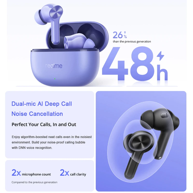 جديد Realme Buds T200 Lite True سماعة لاسلكية تعمل بالبلوتوث 5.4 ميكروفون مزدوج Al Deep Call إلغاء الضوضاء IPX4 مقاومة للماء