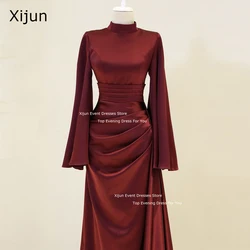 Xijun Modest Elegant Evening Dresses Muslim Moroccan Kaftan Prom Dresses High Collar Full Sleeves A-Line Prom Gowns Dubai Women