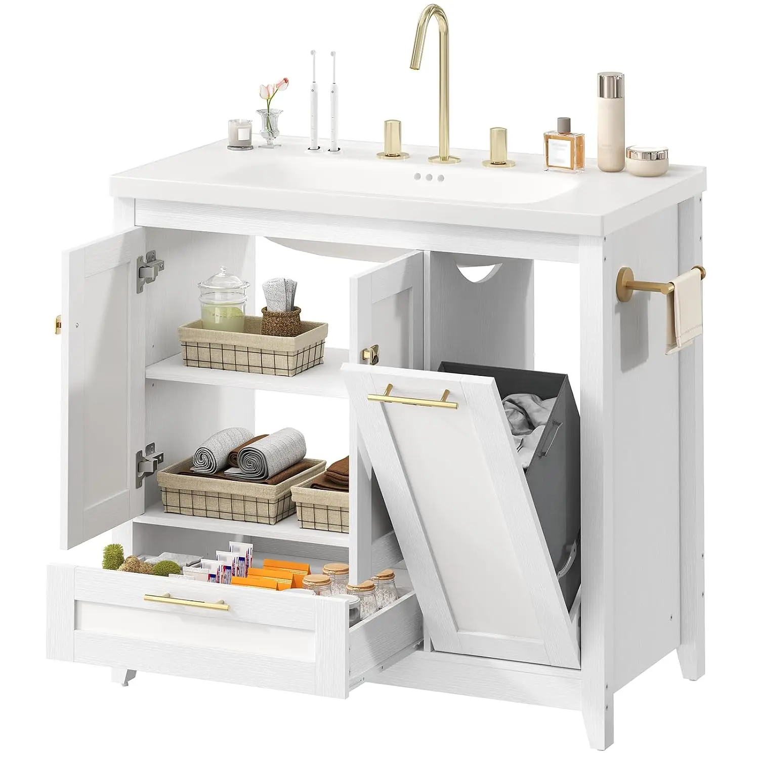 36 Inch Bathroom Vanity with Sink Freestanding Cabinet Drawer Tilt-Out Laundry Hamper White, Customized
