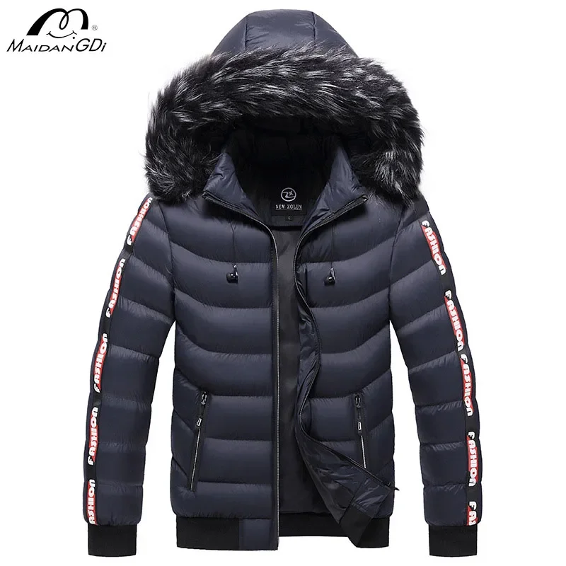 MaiDngDi Winter Men Hooded Fleece Jacket Fashionable Winter Warm Lined Cotton Mens Coat Outdoor Daily Classic Big Size Male Top