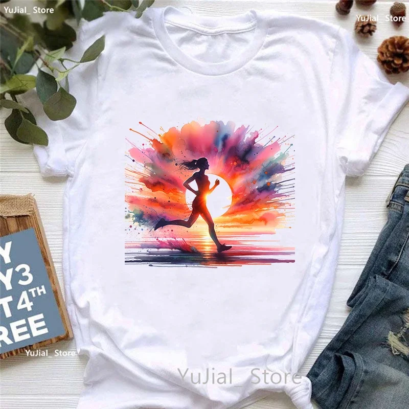 Colorful Running Girl Printed T Shirt Women Clothes 2024 Summer Fashion Tops Tee Shirt Femme Love Sports T-Shirt Female