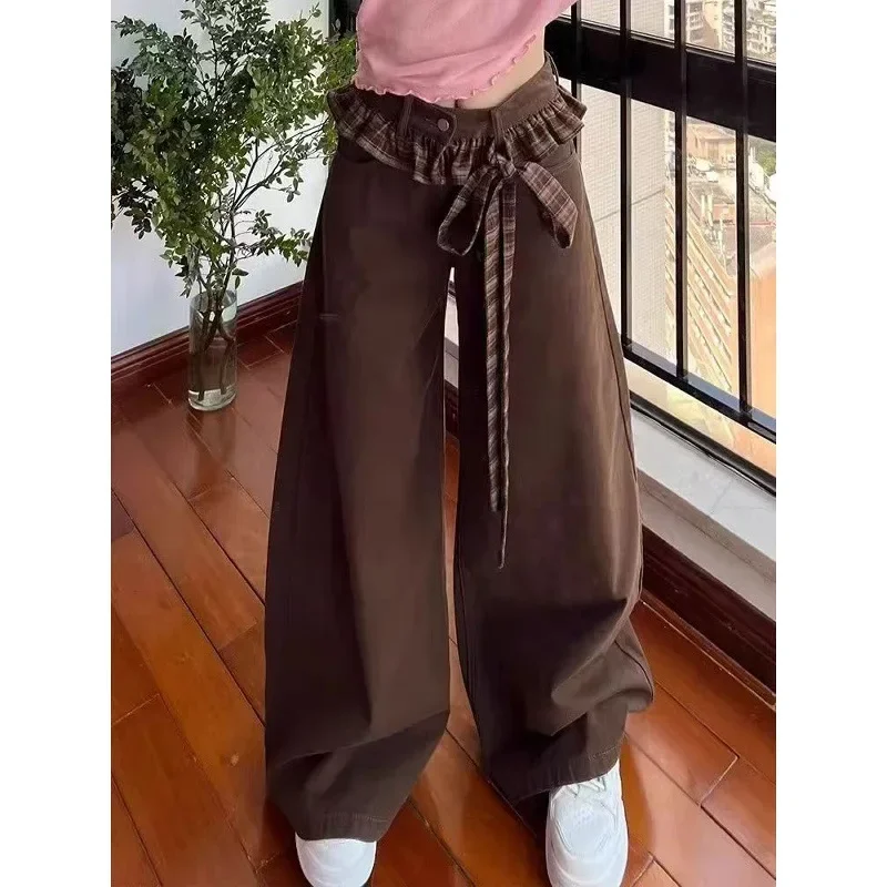

High Waist Wide Leg Denim Jeans Women's Patchwork Floor-Length American Retro Plaid Lace Trim Slimming Jeans