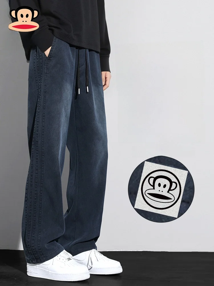 

PaulFrank Men's Summer New Vintage Loose Straight Casual Pants Silk Feeling Denim Jeans mid Waist Pocket Youth Casual Wear