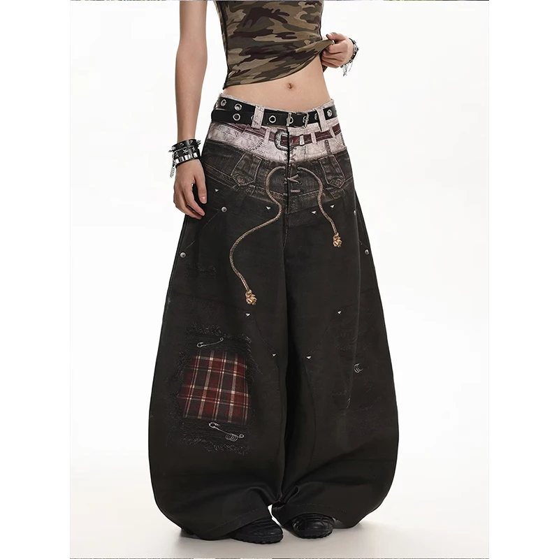 Women's Black Jeans Y2k Gyaru Punk Oversize 3D Print Denim Pants American Vintage Hiphop Baggy Denim Trousers Clothes