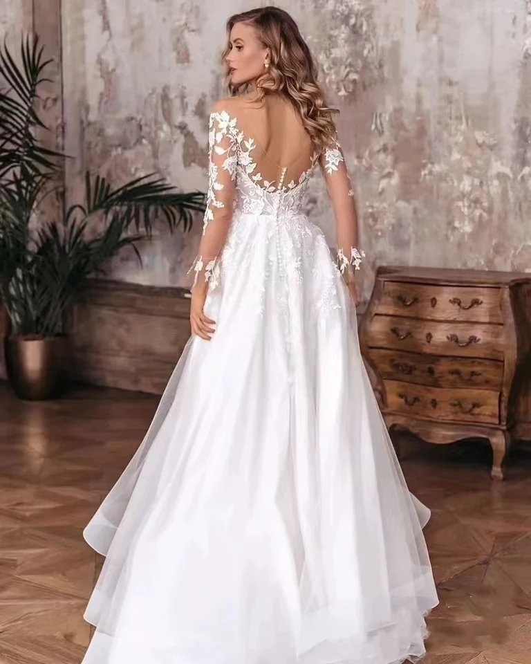 Tulle A-Line Wedding Dress Women Back V-Neck Lace Long Sleeve Side Split Bridal Gown Sweep Train Vestidos De Noiva Customized