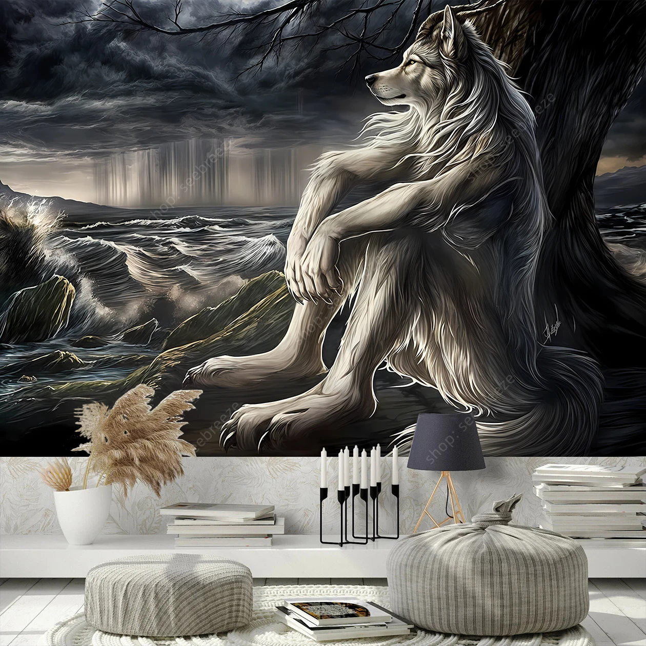 Emo White Wolf Sitting Meme Flag Tapestry Werewolf Tapestries for Bedroom Printed Home Decor Paintings Room Wall Hanging Posters